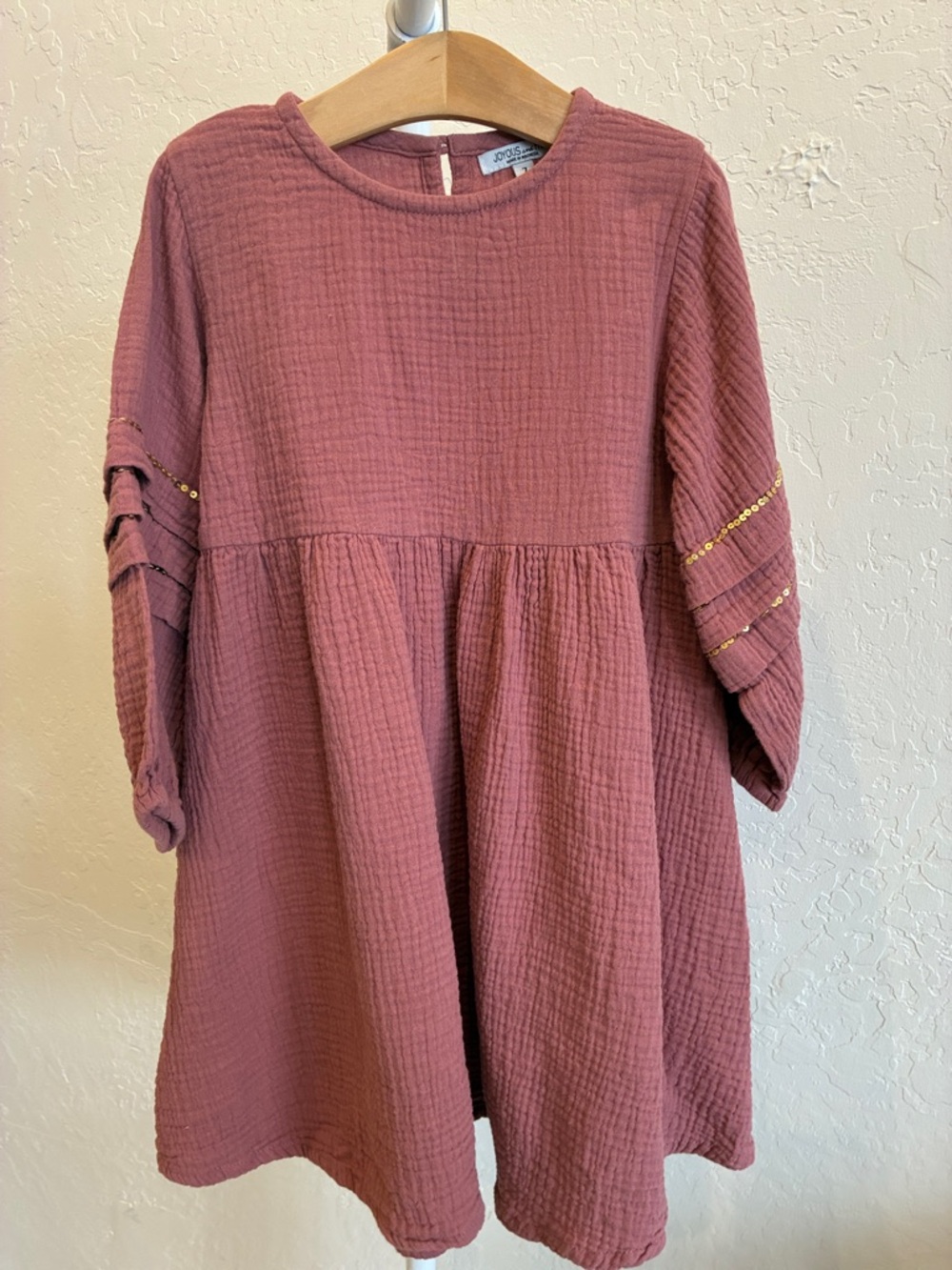 Girls' Mauve Textured Tiered Dress with Sequin Sleeve Detail
